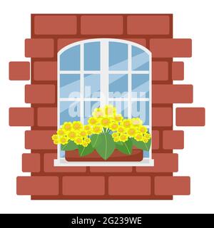 Boîte avec fleurs sur la fenêtre, mur de briques avec fenêtre blanche, illustration vectorielle de style plat, dessin animé, isolé Illustration de Vecteur