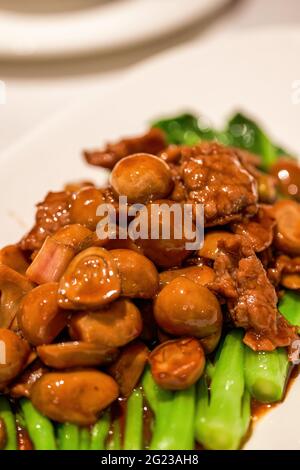 Un délicieux plat cantonais classique, du bœuf sauté aux champignons de paille et une sauce aux huîtres Banque D'Images