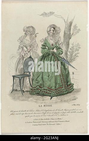 La mode, 11 MAI 1839: Robe Garnie de Dentelle de Tulasne Ledoux (...). Robe décorée sur le côté de Tulasne Ledoux. « Col d'application » de ME Lassalle. Chapeau rose « Poult de Soie » décoré de rose « crêpe lisse » de Lemonnier. Tissus de soie de Gagelin et d'Opigez. 'Robe Habillée' et parapluie envoyés par 'Maison de Commission et Lassalle et Cie'. Imprimez à partir du magasin du mode la (1829-1855). Banque D'Images