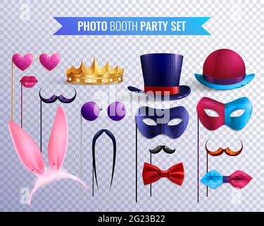 Photocabine fête ensemble transparent d'autocollants isolés masques et illustration vectorielle des chapeaux avec moustache et lunettes