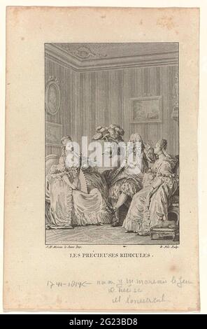 Les précieuses ridicules; deux femmes assises et un homme à l'intérieur. Scène de la pièce de théâtre "les précieuses ridicules" de Molière. Homme assis flanqué de deux femmes assises à l'intérieur. Les femmes sont vêtues de formes du XVIIIe siècle avec Engagantes, Devant-de-gorge (poitrine) et jupe déposée avec une bande vapeur. La femme de droite porte toujours un petit abri d'épaule avec capuche. L'homme est vêtu d'un costume de la fin du XVIIe siècle, composé d'un corps de justice, d'un jabot, d'un arc, d'un kamizool, d'une chemise, pantalon et bas de genou larges. Accessoires: Chapeau avec plumes, chaussures avec talons et b Banque D'Images