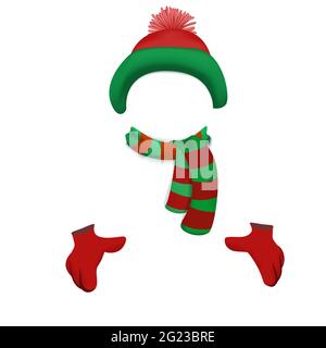 Bonnet, écharpe et gants colorés pour enfants aux couleurs traditionnelles de Noël. Illustration vectorielle. Chapeau d'hiver chaud avec pompon isolé sur fond blanc Illustration de Vecteur