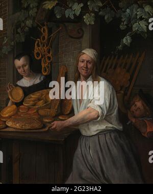 Le Baker Arent Oostwaard et sa femme, Catharina Keizerswaard. Un boulanger et sa femme montrent fièrement leurs produits fraîchement préparés. Une ancienne inscription au dos de la peinture donne le nom du couple. Le garçon est également mentionné; il est le fils du peintre. Jan Steen a combiné plusieurs genres dans un seul tableau. C'est à la fois un portrait, une représentation d'une profession et une vie encore de pain. Banque D'Images
