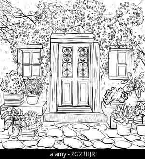 Livre de coloriage. Coloration adulte avec extérieur rural Banque D'Images