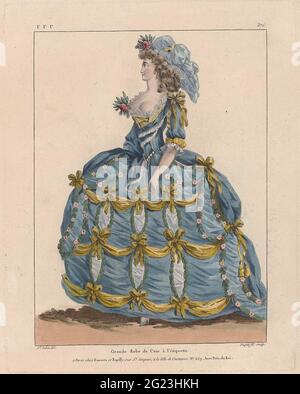 Marie Antoinette: La Reine de la mode: Gallerie des modes et costumes English. Les reines françaises devaient donner l'exemple dans le domaine de la mode. En tant qu'épouse de Louis XVI, Marie-Antoinette s'est jetée dans cette tâche avec enthousiasme. Avec sa marche de modes Rose Bertin et son coiffeur Léonard, elle a lancé beaucoup d'une nouvelle mode. L'étiquette de la cour dictait les robes de cour – somptueusement embellies de jupes larges. Lors de la réception des visiteurs, Marie Antoinette portait une robe à la polonaise 1 2, mais préférait une robe décontractée et ample lorsqu'elle se trouvait dans son propre pavillon à Versailles. TH Banque D'Images