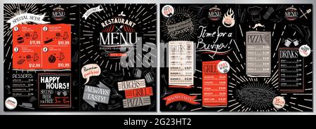 Modèle de menu du restaurant grill - carte A4 (hamburgers, grillades, pizzas, boissons, desserts) Illustration de Vecteur