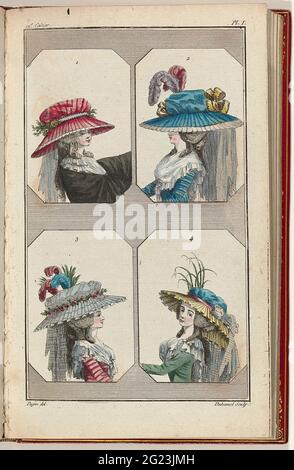 Cabinet des modes ou les modes nouvelles, 1 mai 1786, pl. I. quatre têtes de femmes dans des cadres, avec différents chapeaux. Selon le texte d'accompagnement: FIG. 1: Chapeau avec un large bord exceptionnel de taffetas plissé rose, déposé avec une bordure de côté. Au globe de la puffeur du chapeau un ruban 'au diadème'. Avant et arrière dans le chapeau une brise fleurs artificielles. Un voile de regard blanc tombe de l'arrière vers l'arrière. Autour du cou un fichu; manteau large d'épaule de côté de robinet noir. Boucles d'oreilles longues dorées « à la plaque ». FIGURE 2: Grand chapeau de côté de robinet bleu avec bord de côté blanc. À la sphère une nervure jaune-noire Banque D'Images