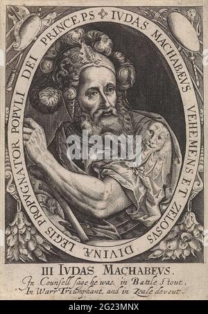 Judas de Makkabee comme l'un des neuf héros; les neuf héros. Le héros juif roi Judas de Makkabeër. Buste dans un cadre ovale avec un périphérique en latin. Dans la marge son nom et une droftedness à deux pattes en anglais. Banque D'Images