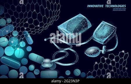 Tridimensionnel faible poly électronique tonomètre médical pour mesurer la pression artérielle médicaments capsule. Technologie d'analyse de contrôle médicale. Test de contrôle Illustration de Vecteur