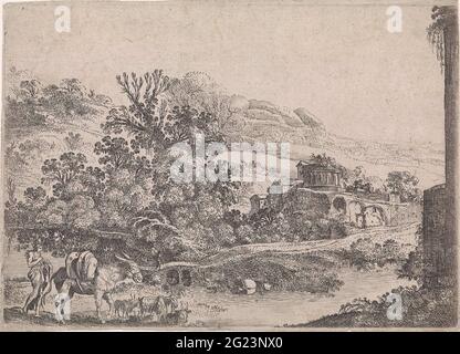 Paysage avec âne chargé. Une femme marche avec un âne emballé et un groupe de chèvres le long d'un étang dans un paysage vallonné avec quelques bâtiments dans le style classique. Banque D'Images