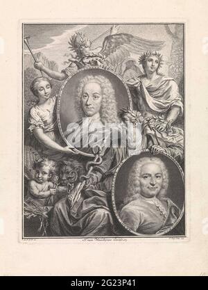Portraits de Lorenz Heister et Hendrik Ulhoorn. Des figures allégoriques avec des couronnes de Laurier sur la tête montrent les portraits du chirurgien et professeur allemand Lorenz Heister et du chirurgien d'Amsterdam Hendrik Ulhoorn. Uliroorn traduit et éditée des hutters. Livre chirurgical underwheshoes de l'allemand. La gloire des coups supérieurs sur l'éloge. Aesculapius, le dieu de la santé et de la médecine garde un singe escula d'une main et montre l'autre portrait d'Uphorn. Sur la gauche, un putto avec instruments chirurgicaux et un miroir avec tuyau, comme symbole de mise en garde. Banque D'Images