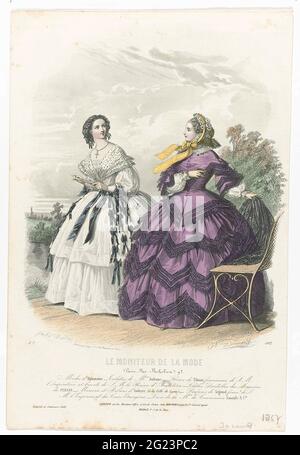 Le moniteur de la mode, 1857, n° 502: Modes d'Alphonsin (...). Deux femmes dans un parc. Selon la légende : 'modes' par Alphonsine. « toilettes » de Judenne. Ci-dessous quelques règles du texte publicitaire pour différents produits. Imprimé à partir du magazine le moniteur de la mode (1843-1913). Banque D'Images