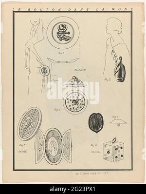 Gazette du bon ton. Art- modes et frivoités, 1922 - N° 9 : le bouton à la mode. ZES ModiEuze Knoll, Van Ivoor, Emaille de Lak. Croquis NO IV Verso UIT Gazette du bon ton 1922, no 9. Uitleg sur Knoopen op Pagina 'Description et explication des tableaux hors texte et des pages d'esquisse. Banque D'Images