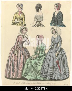 Le monde de la mode, 1847: Le dernier et le plus récent (...) Robes du matin. Les derniers modes et les plus récents de 1847 de Londres et Paris. Juke du matin avec de larges jupes plissées. Manchons ajustés avec sous-manchons plissés. À l'étage : robe à manches longues, robe de soirée et petit abri d'épaule. Imprimez à partir du magazine mode The World of Fashion (1824-1891). Banque D'Images