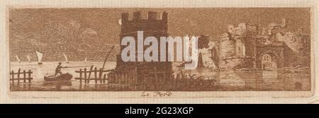 Face de port la nuit; le pord; Paysage, Rootienties etc. Face de port la nuit avec la ruine d'une tour au premier plan. Un homme navigue sur la rivière dans un bateau à rames. Banque D'Images