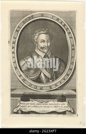 Portrait de Charles de guise, Duc de Mayenne. Buste à droite de Charles de guise, duc de Mayenne dans un ovale contenant son nom et son titre. Sous le portrait un triple texte en latin. Banque D'Images