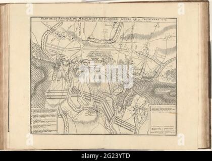 Bataille de Malplaquet, 1709; Plan de la bataille le Malplaquet et Campperdu Donnée le 11 septembre 1709. Bataille de Malplaquet, entre les alliés du duc de Marlborough et le prince de Savoye et les Français, 11 septembre 1709. En bas à gauche de la légende A-N en français. Partie d'une collection groupée de plans de batailles et de villes célèbres dans la guerre de succession espagnole. Banque D'Images