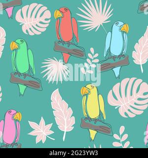 Motif sans couture avec motif de perroquets, vectoriel. Motif simple et continu avec oiseaux tropicaux exotiques. Perroquets de couleur sur fond de plan exotique Illustration de Vecteur