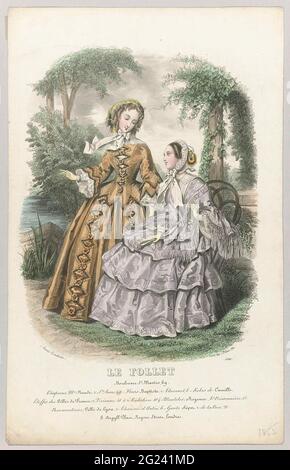 Le Follet, 1855, n° 1986 : Chapeaux Mme Naudé (...). Deux femmes dans un étang. Sous le texte de publicité de l'affichage de certaines règles pour différents produits. Imprimé du magazine de mode le Follet Courriet des Salons (novembre 1829- octobre 1882). Banque D'Images