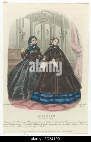 Le bon ton, Journal de modes, 1860, n° 234 : Chapeaux de la M.ON LEROY (...). Deux femmes dans un intérieur. Selon la légende: Chapeaux de Leroy et Mariton. Côté de la violette. Cartes Gagelin Opiguez. Manteau Leclerc Collot. Ci-dessous quelques règles du texte publicitaire pour différents produits. Imprimé du magazine le bon ton (1834-1884). Banque D'Images