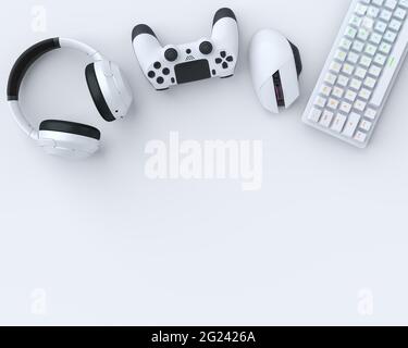 Vue de dessus des accessoires de jeu comme la souris, le clavier, le joystick et le casque sur blanc Banque D'Images