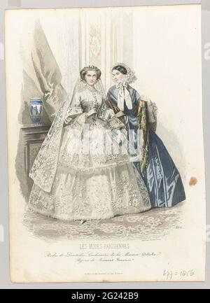 Les modes Parisiennes, 1856, N° 677: Peignoirs, les Dentelles (...). Deux femmes, dont une vêtue d'une robe de mariage, dans un intérieur. Sous le texte de publicité de l'affichage de certaines règles pour différents produits. Imprimé du magazine de mode les modes parisiennes (1843-1885). Banque D'Images