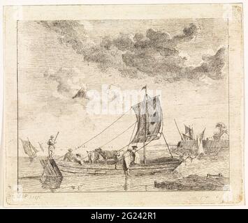 Combinaison plate avec du bétail. Il y a deux hommes sur une combinaison plate avec voile relevée. Le skipper se tient sur le bateau avec un arbre de poussée. Sur l'abri il y a aussi trois vaches et un cavalier avec son cheval, qui se trouve plus de boire à l'eau. Au premier plan, un terrain au Trésor. Banque D'Images