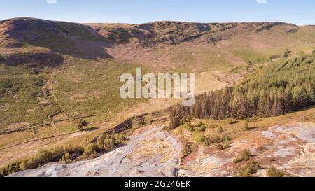 Vue aérienne de la mine de plomb de Nant y Bai, Rhandirmwyn, pays de Galles, Royaume-Uni Banque D'Images