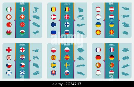 Drapeaux et carte isométrique avec terrain de football de l'Europe 2020 Concours de football triés par groupe. Collection de vecteurs. Illustration de Vecteur