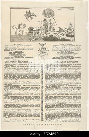 Allégorie sur l'attaque française contre la République et l'élévation de Willem IV à Stadthouder, 1747. Allégorie sur l'attaque française contre la République et la conquête de Cadzand et l'élévation de Willem IV à Stadholder, 1747. Le lion hollandais a misé après avoir dormi pour être déchaînement par la fraude de la termin maritime française. Un butin sur l'arbre orange prend l'épée contre les Français (le coq envoyé par un cardinal ou un pape). Au premier plan un petit lion qui propose la province de Zeeland. Dans l'air un hibou de nuit avec une proposition de paix et une épée. Sur la feuille sous la plaque un stateme Banque D'Images