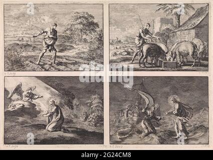 Quatre représentations du Nouveau Testament. Quatre représentations sur une feuille. En haut à gauche la parabole de la sower et du royaume des cieux. En haut à droite, le fils perdu comme poudre de porc. En bas à gauche Christ dans la cour de Getsemane. En bas à droite, Christ court sur l'eau pendant une tempête sur le lac Galilée. Banque D'Images