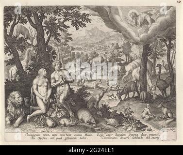 Dieu le père bénisse Adam, Eva et les animaux; création du monde. Dieu le père dans les nuages. Il bénis Adam, Eva et les animaux dans le paradis terrestre. L'impression comporte une légende latine. Banque D'Images