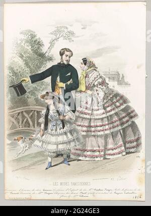 Les modes Parisiennes, 1856, n° 689: Costume d'Homme (...). Un couple armé et une fille avec un chien, marchant dans un jardin; UN domaine en arrière-plan. Selon la légende : costume humain de Human. Vêtements pour enfants de Pauline Koyer. Robe Fauvet. 'Canzou' de Payan. Ci-dessous quelques règles du texte publicitaire pour différents produits. Imprimé du magazine de mode les modes parisiennes (1843-1885). Banque D'Images