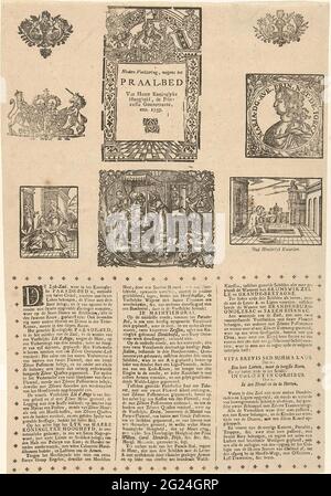 Feuille sur le lit de louange de la princesse Anna, 1759; autre déclaration, due au lit de louange de Haare Koninglyke Altesse, la gouvernance de princesse, etc. 1759. Feuille avec une description de la salle de parade en trois colonnes et le lit de purge le 12 janvier 1759 décès Anna van Hanover pendant quelques jours en février a prévu. Il y a huit vieux bois de coupe sur la moitié supérieure de la feuille avec divers sujets, y compris un lit de maternité et quelques scènes bibliques. Banque D'Images