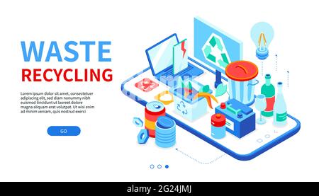 Recyclage des déchets - bannière web isométrique moderne et colorée avec espace de copie pour le texte. Poubelle, flacons en plastique et en verre, banderole, étain, organique, piles, él Illustration de Vecteur