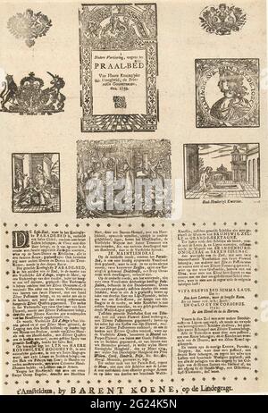 Feuille sur le lit de louange de la princesse Anna, 1759; autre déclaration, due au lit de louange de Haare Koninglyke Altesse, la gouvernance de princesse, etc. 1759. Feuille avec une description de la salle de parade en trois colonnes et le lit de purge le 12 janvier 1759 décès Anna van Hanover pendant quelques jours en février a prévu. Il y a huit vieux bois de coupe sur la moitié supérieure de la feuille avec divers sujets, y compris un lit de maternité et quelques scènes bibliques. Banque D'Images