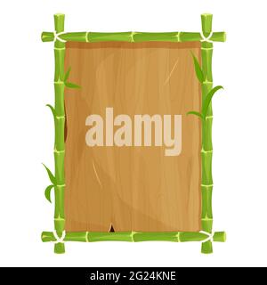 Cadre en bambou vert avec feuilles, planche en bois vide, panneau en style de dessin animé isolé sur fond blanc. Décoration asiatique tribale, élément exotique. Illustration de Vecteur