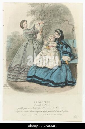 Le bon ton, Journal des modes, 1861, n° 357: Parfumerie de la Société (...). Une femme avec un enfant dans un parc. Une autre femme cueille des raisins, l'enfant atteint un aliment de raisin. Sous le texte de publicité de l'affichage de certaines règles pour différents produits. Imprimé du magazine le bon ton (1834-1884). Banque D'Images