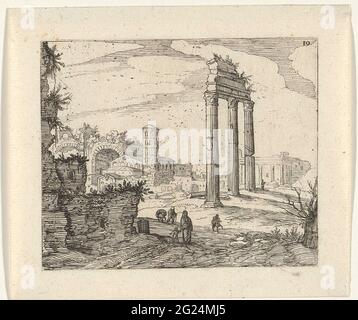 Temple de Castor et de Pollux et basilique de Constantine ; ruines romaines (série 1). Sur la droite, les trois colonnes du Temple de Castor et Pollux et la basilique de Constantijn au Forum romain de Rome. Quelques chiffres au premier plan. Imprimé à partir d'une série de ruines romaines. Banque D'Images