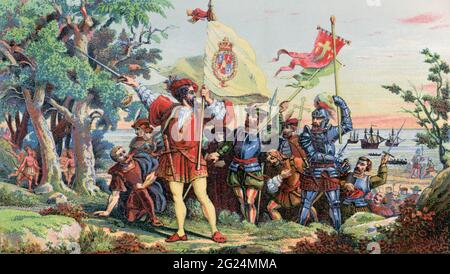 l'explorateur italien Christopher Columbus et son équipage débarque à San Salvador le 12 octobre 1492. On pense que San Salvador est l’île moderne de Watling aux Bahamas. Christophe Colomb, 1451-1506. Italien explorer, navigateur, colonisateur et découvreur de l'Amérique. D'une histoire illuminée de l'Amérique du Nord, de la période la plus ancienne à l'heure actuelle, publié en 1860. Banque D'Images