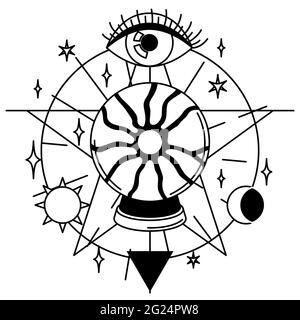 Illustration magique avec boule de destin et d'oeil. Mystic, alchimie, spiritualité et art du tatouage Illustration de Vecteur