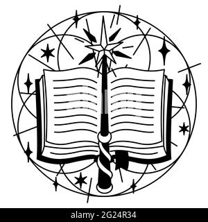 Illustration avec livre d'orthographe et baguette magique. Mystic, alchimie, spiritualité et art du tatouage Illustration de Vecteur