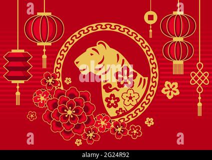 Carte de vœux du nouvel an chinois. Arrière-plan avec symbole tigre de 2022. Illustration de Vecteur