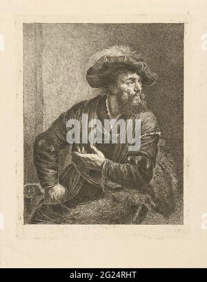 Portrait d'un homme inconnu avec béret à plumes. Portrait d'un inconnu avec barbe. Pièce de hanche, assise à droite tournée dans une chaise. La tête est affichée en trois quarts et ornée d'un béret à plumes. Le coude droit est basé sur la poignée du siège. Banque D'Images