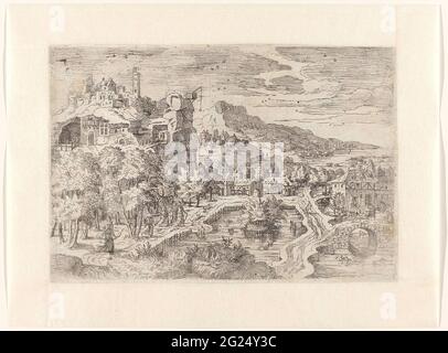 Paysage avec des femmes sur le yacht. Grand paysage avec liens un rocher avec des cottages et tourelles pittoresques. Une grue avec poulie est placée contre la paroi rocheuse. Parti pour une forêt avec quelques figures de femmes sur le yacht (peut-être Diana et ses nymphes). Au milieu se trouve un étang et une rivière coule sur la droite avec une ferme avec moulin à eau sur la rive. Une montagne avec des maisons et des obélisques à l'horizon. Banque D'Images