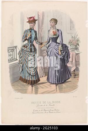 Revue de la mode, Gazette de la famille, Dimanche 16 septembre 1883, 12e année, no 611: Toilette de m.me bazin (...). Deux femmes dans un intérieur, en jagons de bazin. À gauche : « Toilette » bleue en tissu rayé et velours Uni. Corsage avec pneus en velours avec de grands boutons, col et poignets en velours. Chapeau de paille ou feutre garni de quatre ailes rouges. À droite : JAP de soie pourpre et de velours. Col carré orné de dentelle et d'un corps de fleur; UN petit col montant à l'arrière. Manches longues avec poignets latéraux. Avec un texte publicitaire de règle pour différents produits. Impression à partir du magasin Rév Banque D'Images