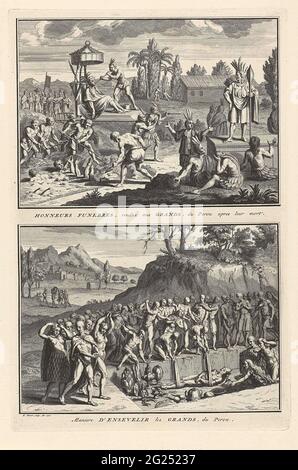 Rituels funéraires péruviens. Feuille avec deux représentations de rituels funéraires péruviens. Ci-dessus: Le corps du défunt est porté à la tombe sur un trône. Un coup relatif avec un aliment de seringue dans la bouche. Ci-dessous: Un gel est enterré avec ses possessions. Sous les représentations une légende en français. Banque D'Images