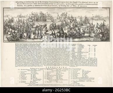 Bataille maritime au Cap Lezard, 1747; image et objection de la victoire grilonnante est mort par le vice-amiral anglais Anson sur la flotte de guerre française sous le commandant et chef de la Jonquière (...) Cap Lezard, le dimanche 14 Mey, Ao. MDCCXLVII. Bataille maritime au Cap Lezard (Cap Finisterre) où la flotte anglaise sous Admiraal George Anson a remporté une victoire sur la flotte française sous Admiral de la Jonquiére, le 14 mai 1747. Sur la feuille sous l'assiette UNE description de la bataille en trois colonnes avec une liste des navires français pris avec le nombre de canons et d'hommes, au bas d'une déclaration de TH Banque D'Images