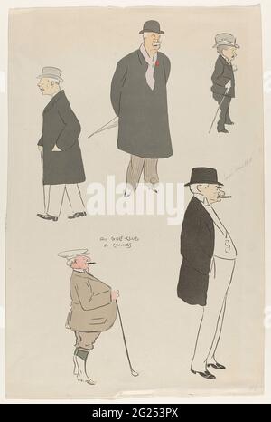 Au Golf-Club a Cannes, ca. 1920. Caricature de cinq hommes plus âgés dans un club de golf de Cannes. Le golfeur en bas à gauche est une suite ondulée composée d'une veste, d'un pantalon de genou et de bas de flob. Chapeau sur la tête. Cigare dans la bouche et un club de golf à la main. L'homme en bas à droite, avec les mains dans les sacs, est Louis Veuillot. Banque D'Images