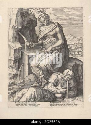 La modération surmonte la gourmandise : sept vertus et sept vices. A la source, la personnification de la modération (Sobietas) remplit un récipient d'eau et regarde la personnification de la gluttonie (Laemargiam) qui se trouve avec une carafe à vin dans ses bras sur le sol. L'imprimé a une légende latine et fait partie d'une série de vertus et de vices. Banque D'Images